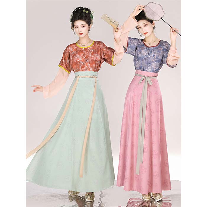 2025新作入荷 古典ダンス衣装 レディース 漢服 唐衣装 中華 セットアップ 半袖シャツ 長袖インナー スカート リボン 花柄 コスチューム ハロウイン コスプレ衣装 仮装 変装 古典ダンス 文化祭