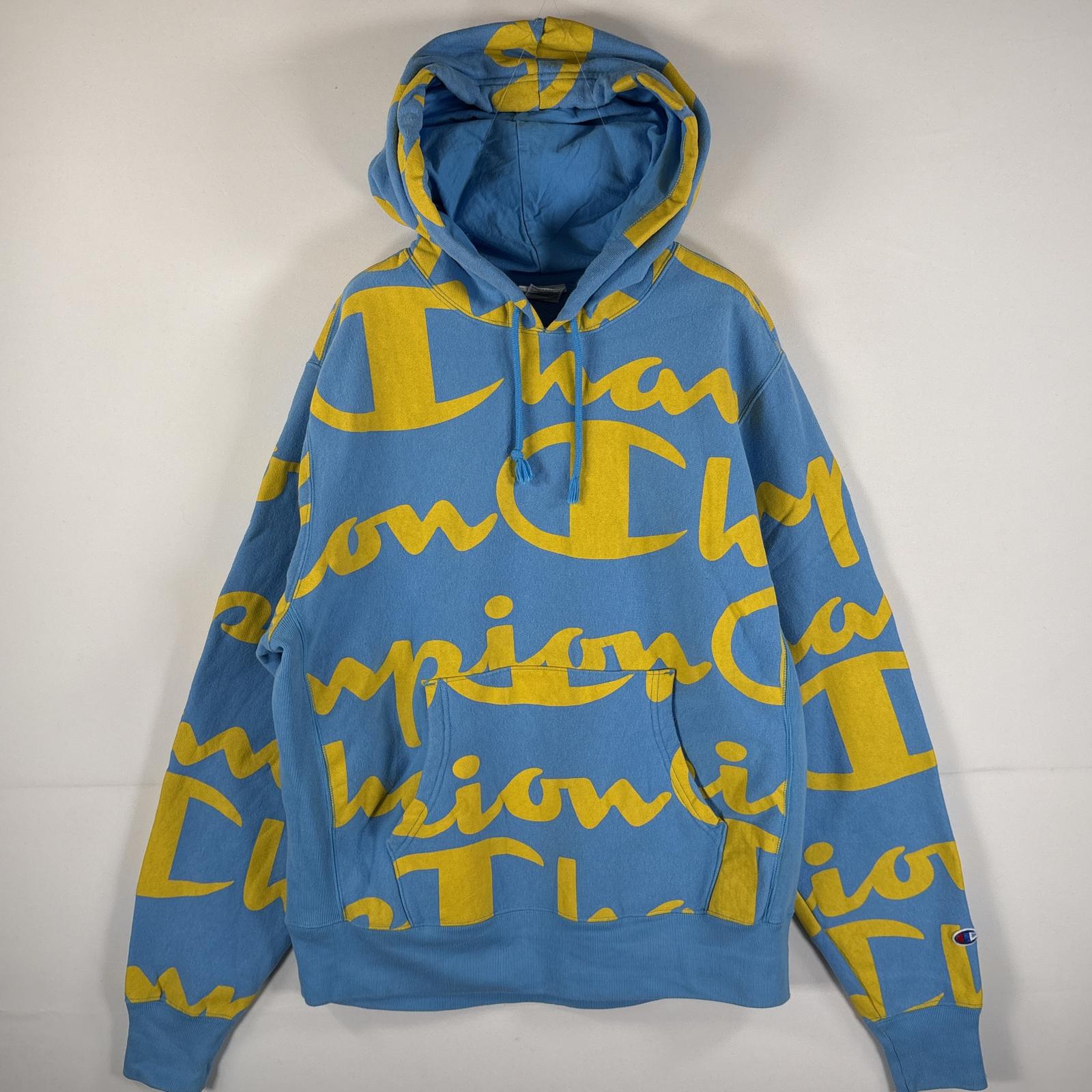 古着 パーカー リバースウィーブ 復刻 ブランドロゴ 裏起毛 LARGE（JPN 2XL） 水色 イエロー 総柄 メンズ