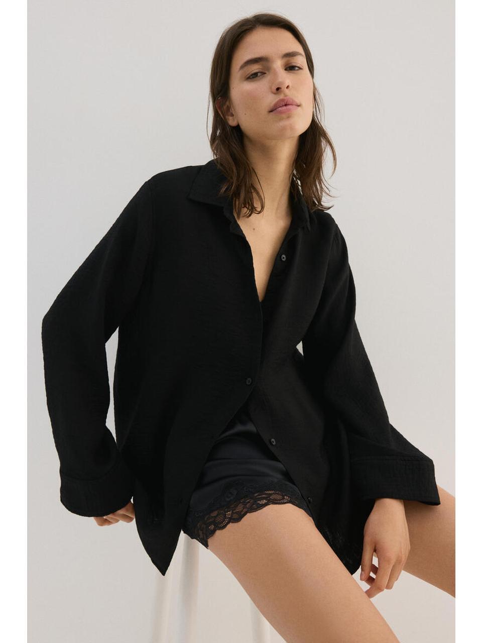 H&M クリンクルビスコースブレンドシャツブラック 1338961002