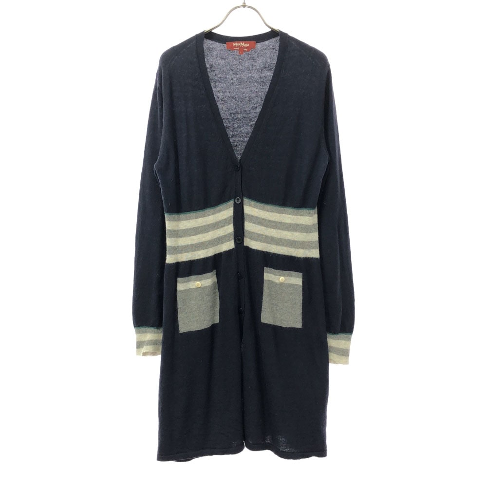 マックスマーラ ステュディオ イタリア製 ボーダー柄 長袖 ロング ニットカーディガン L ネイビー系 Max Mara Studio レディース