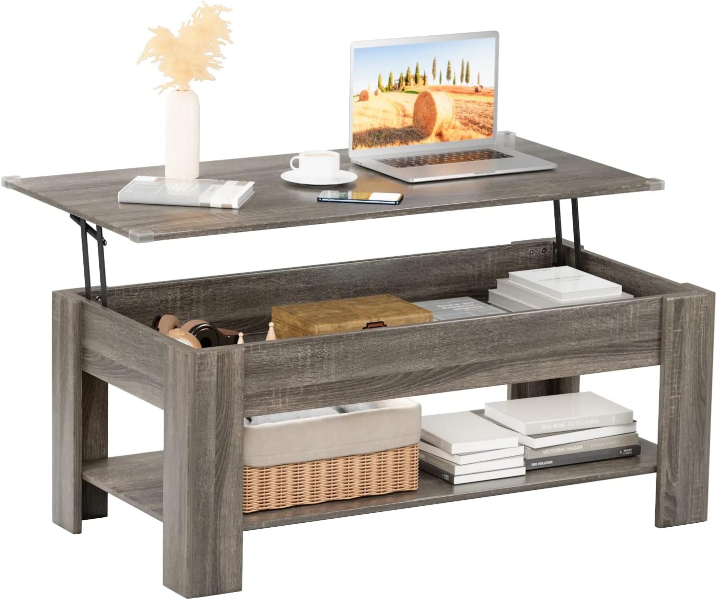 Alebert ローテーブル コーヒーテーブル センターテーブル リビングテーブル 昇降式テーブル 収納テーブル 天板昇降式 高さ調整 収納棚付き 組み立て簡単 大容量 木製 (グレー)