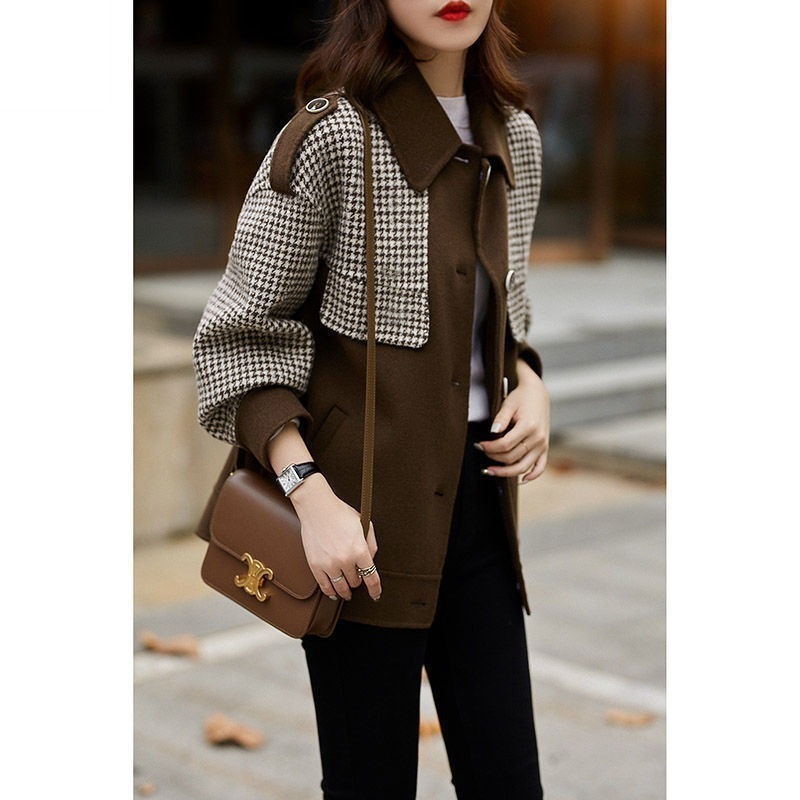 秋冬新作気質千鳥格子パッチワークショートコート婦人服ゆったり百掛けエレガントトップス