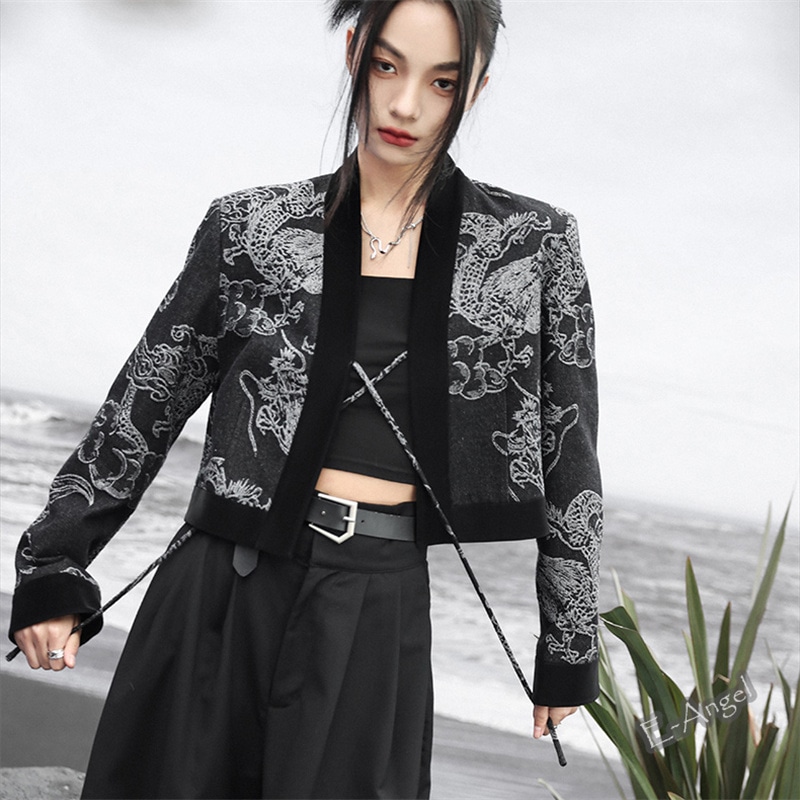 チャイナ風アウター 龍紋ジャガードデニム&PU 切り替えジャケット レディース 長袖 黒色 デニムジャケット 着痩せ 合わせやすい ミニ丈 トップス