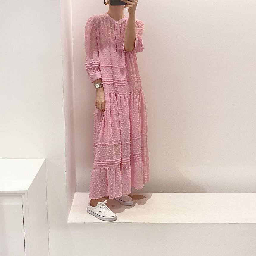 2color シアー ドット デザイン フリル切替 七分袖 5分袖 7分袖 五分袖 ワンピース シー