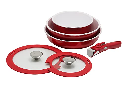 色：06)フライパン鍋セット D&S ディーアンドエス 取っ手が取れるフライパンセット レッド セラ