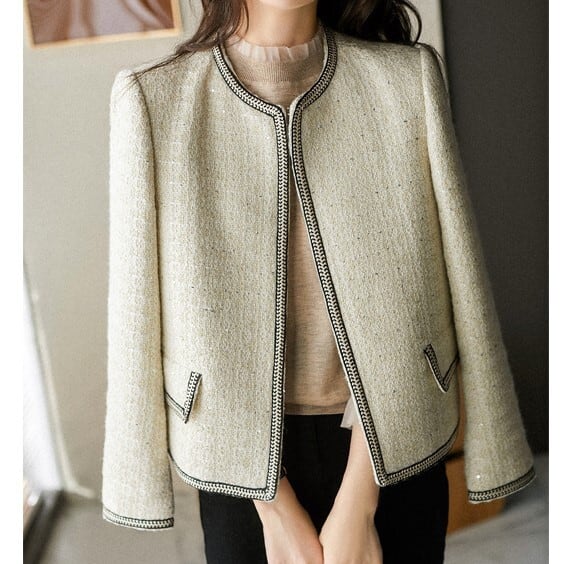 レディース ジャケット 上着 羽織り ノーカラー 襟なし ツイード 暖かい 可愛い かわいい 韓国 かっこいい カジュアル 大人 上品 シンプル クラシック エレガント こなれ感 ラグジュアリー lo