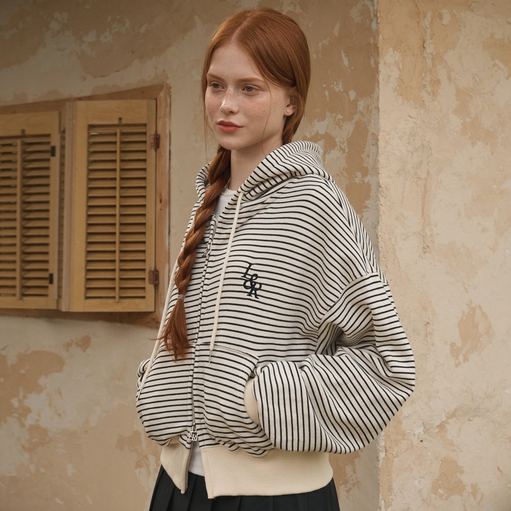 L&R stripe zip-up hood Cream