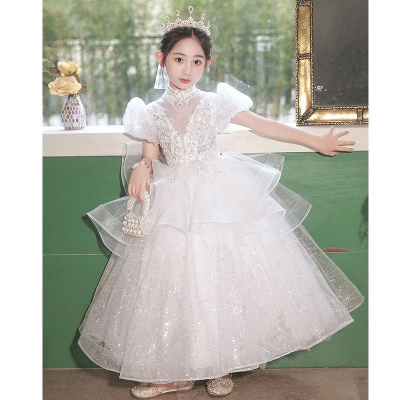 子供ドレス 白 シャンパン色 ピアノ発表会ドレス ロングドレス 演奏会ドレス 女の子 ハイネック 立ち襟 パフスリーブ フレア フリル 女児ドレス ホワイト プリンセスドレス パール スパンコール 素