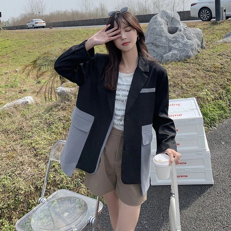 韓国ファッションレディーススーツショートアウター可愛いコントラストカラー折襟トップス春秋服ジャケット