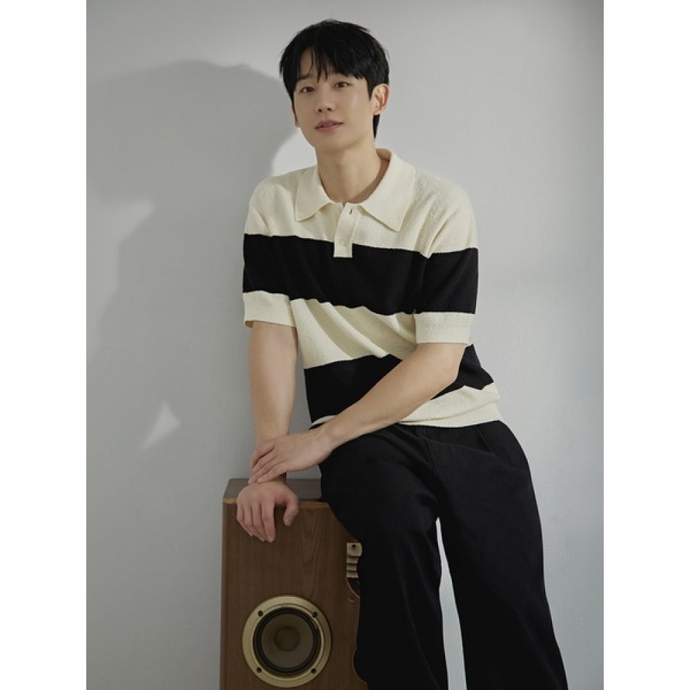 [マインドブリッジ] ブークルストライプカラーセミオーバーフィット半袖ニット_2色 5,912円