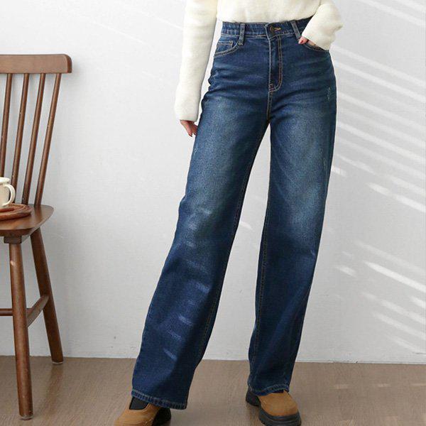 Hスタイル(JN)180起毛デニムワイドストレートパンツ 冬 女性 起毛ジーンズ デニムパンツ ストレートパンツ ビッグサイズ