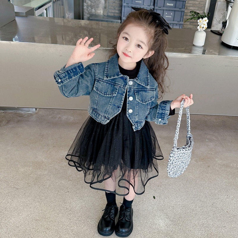 女の子おしゃれデニムガーゼスカートスーツ子供春秋ワンピース2024おしゃれ春ベビードレス