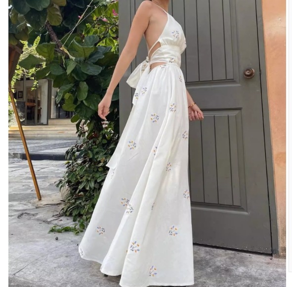 ワンピース レディース ロング 夏服 ロング マキシ丈 ノースリーブ 袖なし ホルターネック セミフレア 細身 Aライン 背中空き シフォン ウエスト オーガンジー インスタ映え SNS 映え 写真