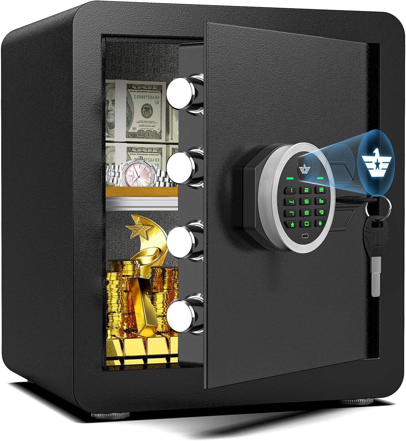 VIAWELL 金庫 40L家庭用 小型 電子金庫 防災防犯金庫 電子式テンキー ダブルアラーム機能 緊急キーでロック解除 LED ライトとミュート機能 お金 ジュエリー 貴重品 床・壁に固定可能 家