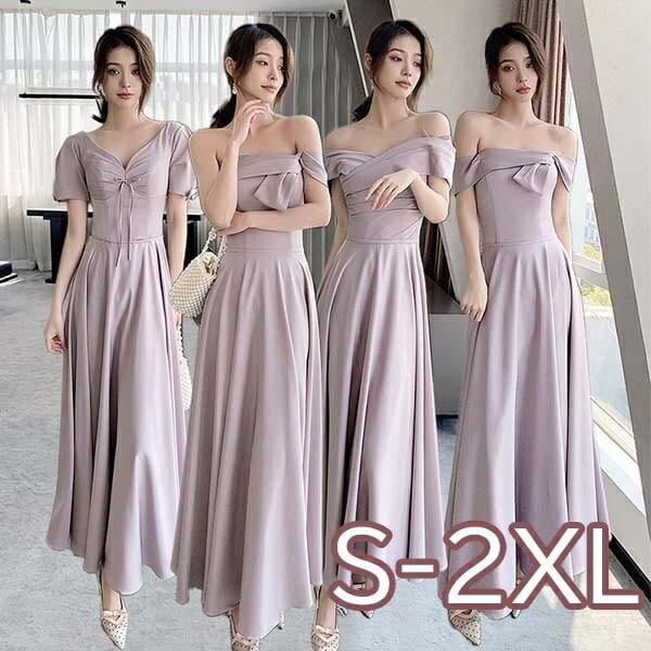 ブライズメイド ドレス ロング丈 袖付き オフショルダー パープル 4タイプ 結婚式 体型カバー 半袖 フリル パフスリーブ ワンショルダー 肩だし 編み上げ 謝恩会 二次会 卒業式 花嫁 ピアノ 発