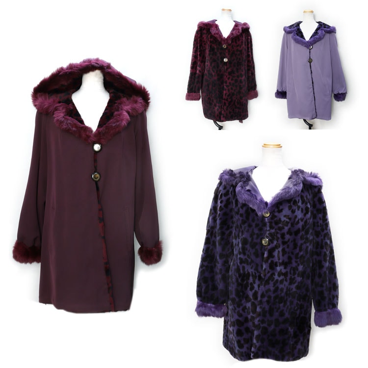 オポッサム ファー リバーシブル ジャケット レオパード柄 フード付 レッド パープル ヒョウ柄 送料無料 レディース ギフト プレゼント 210,000円