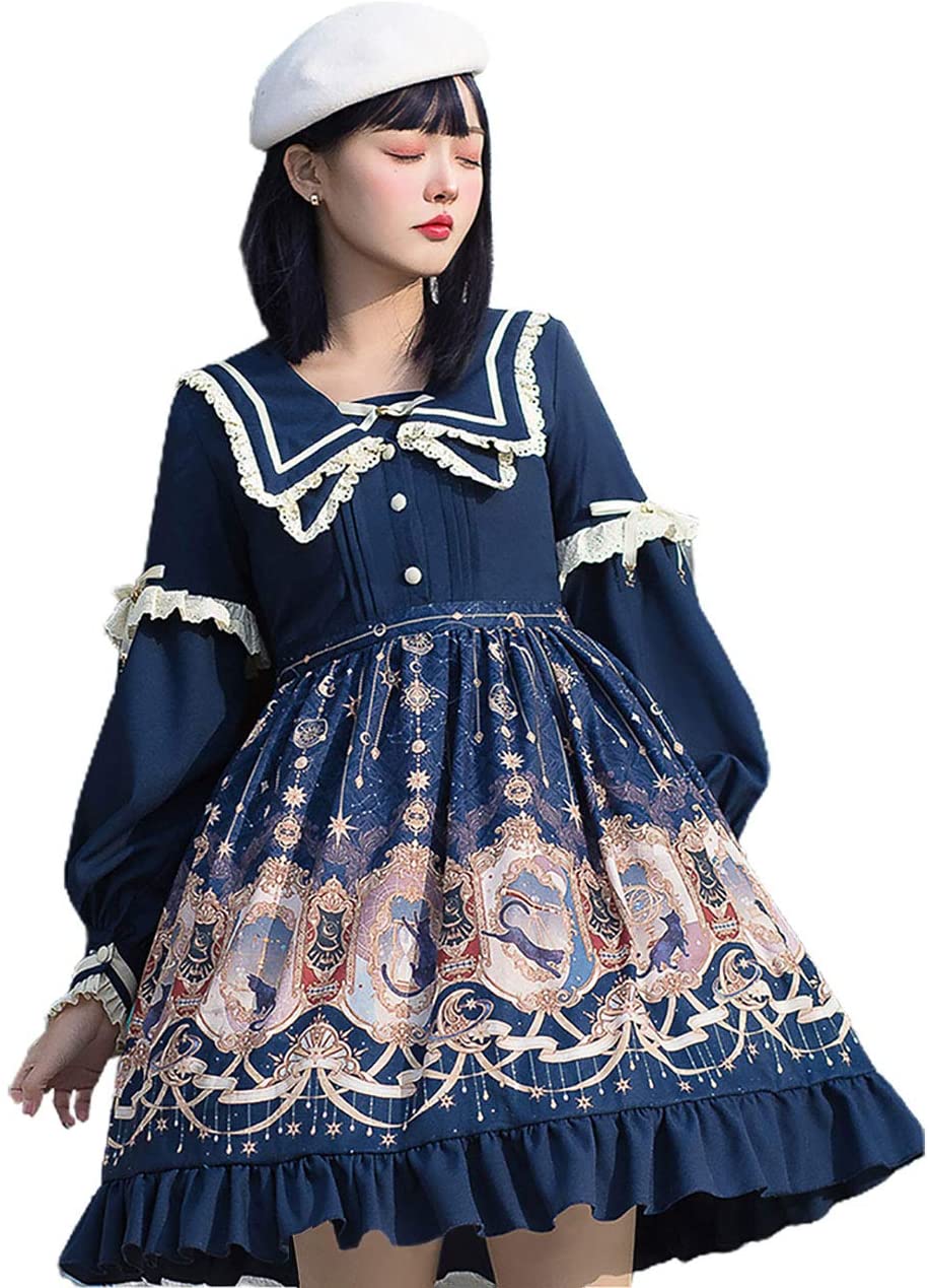 クラロリ ロリータ クラシカル ワンピース 長袖 ねこ セーラー襟 ネイビー