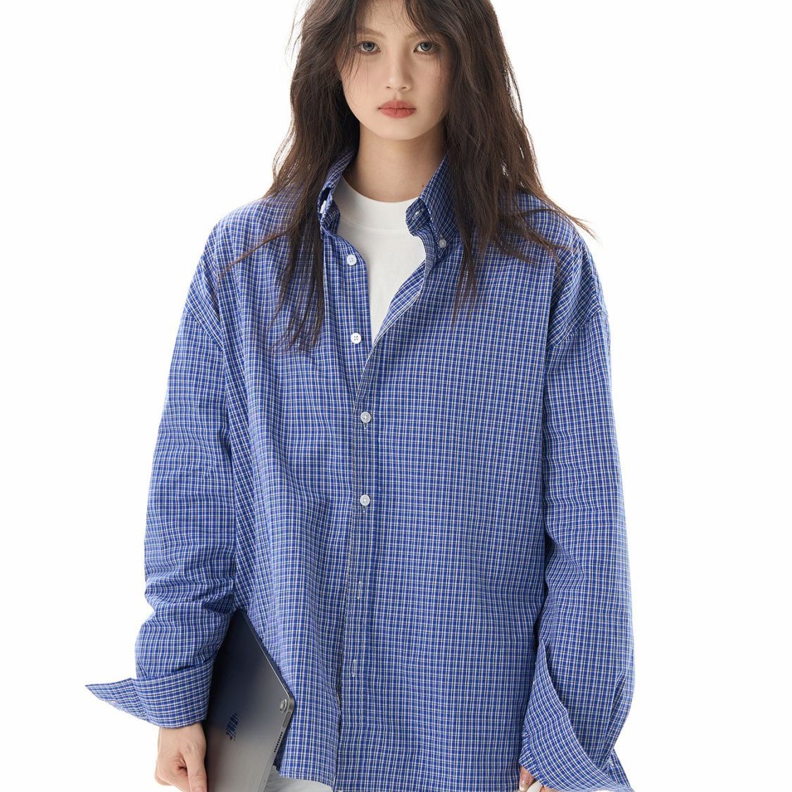 青 チェック シャツ レディース 長袖 アウター ゆったり ジェンダーレス ファッション 高級 レトロ シャツ カーディガン アウター651327