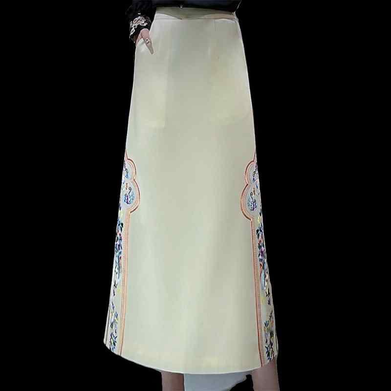 スカート 春夏 エスニック レトロ 刺繍 ポケット スリム タイト チャイナ ロング スリット おしゃれ 黒 アプリコット 大きいサイズ