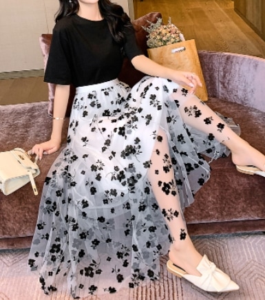 メッシュスカート スカート スイート ガーリー ブラック 黒 ホワイト 白 ブラウン 茶色 ブルー 青 ミドル丈 フレア ウエストゴム 透け感 シアー 大人女子 大人 上品 おしゃれ