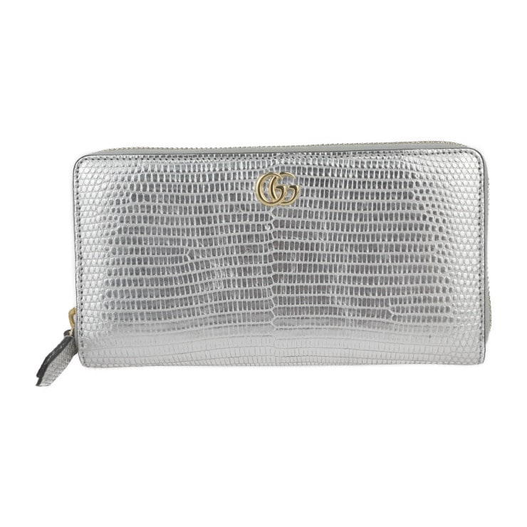 美品 GUCCI グッチ 長財布 456117 GGマーモント リザード シルバー ゴールド金具 ラウンドファスナー 本物保証 中古