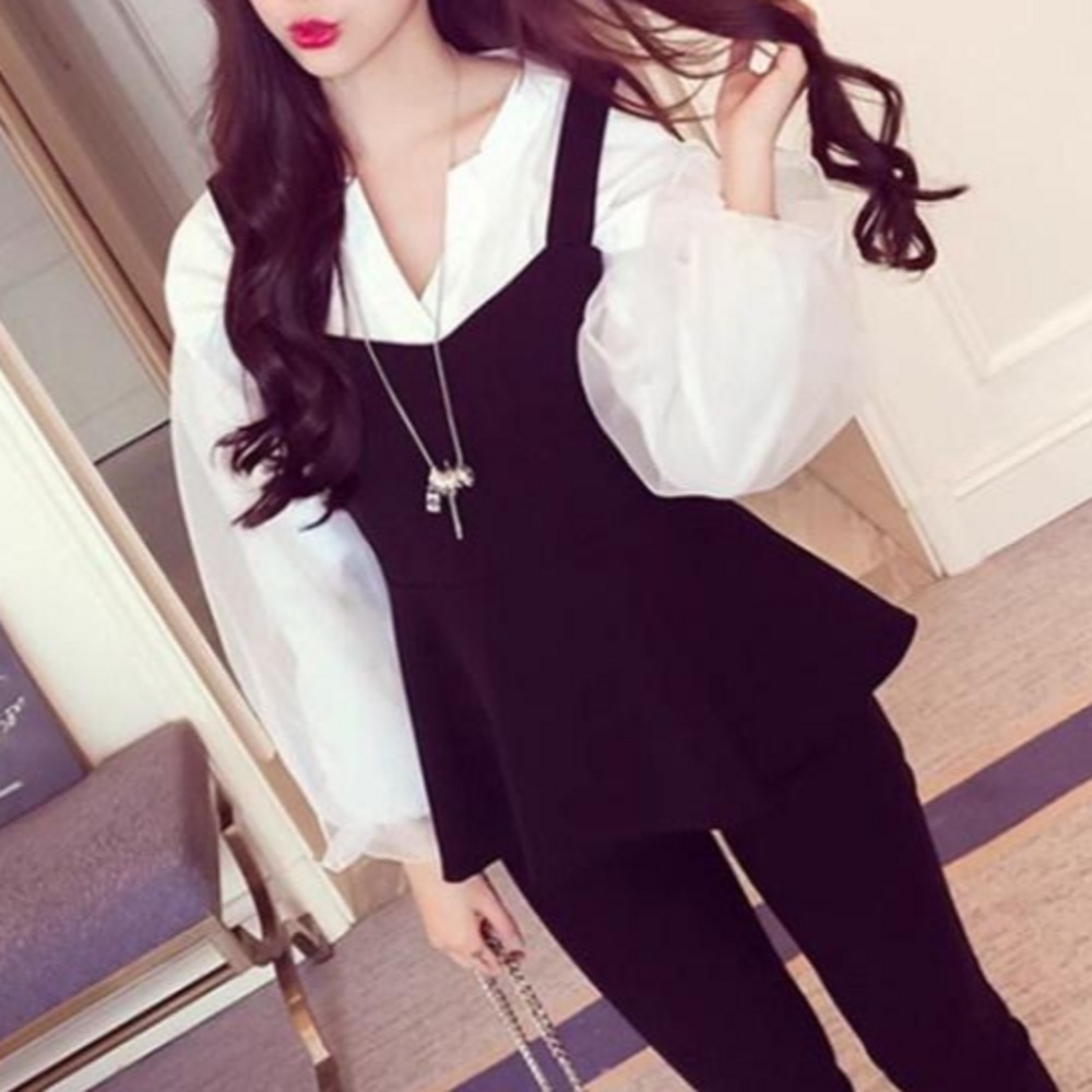 パフ長袖ブラウス+ビスティエトップカジュアルセット