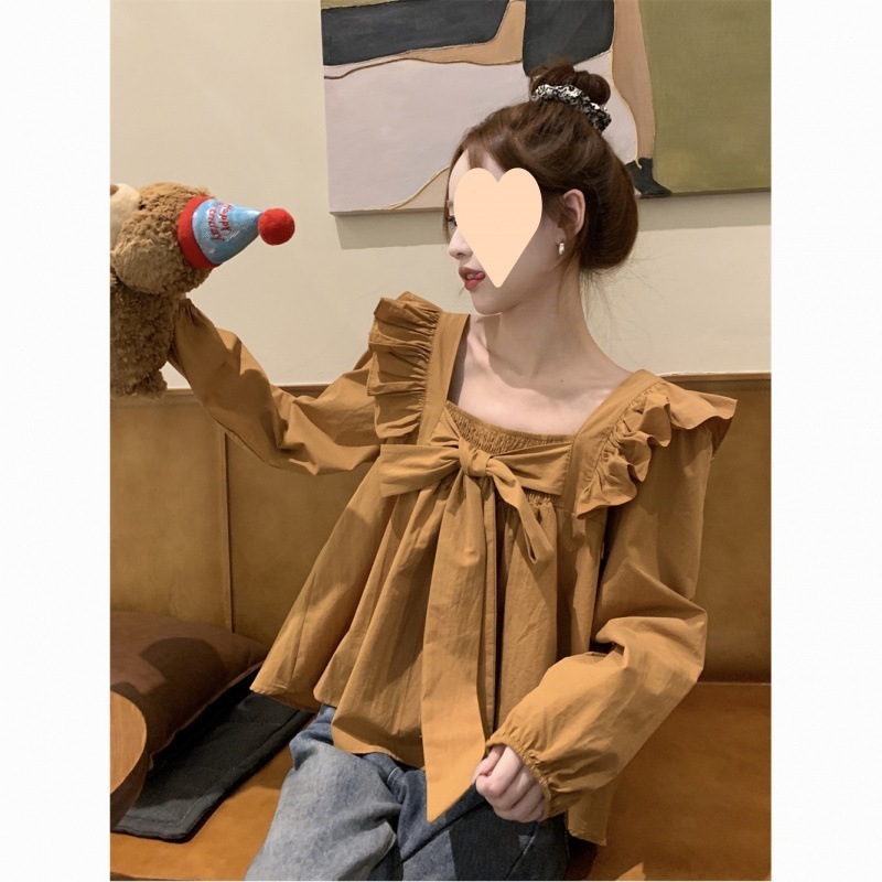 【1つ買うと10つ無料】2025年秋の女性のための甘いスタイルのフリルシャツ 弓ゆるスリム長袖