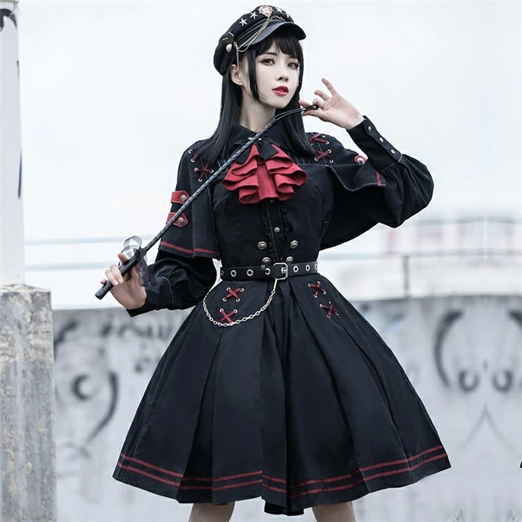 限定セールロリータ 軍ロリ スカート セット 長袖 コスプレ 衣装 制服 軍服 ゴスロリセットアップ ワンピース ブラウス Lolita ロリィタ ステージ衣装 コスチューム 学園祭 仮装 黒ロリ ゴ
