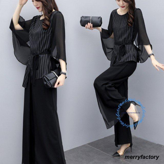 かっこいいパンツドレス 袖あり セパレート 黒 パーティードレス 結婚式 お呼ばれ ドレス 20代 30代 40代 50代 セットアップ 大きいサイズ ウエストマーク 11,608円