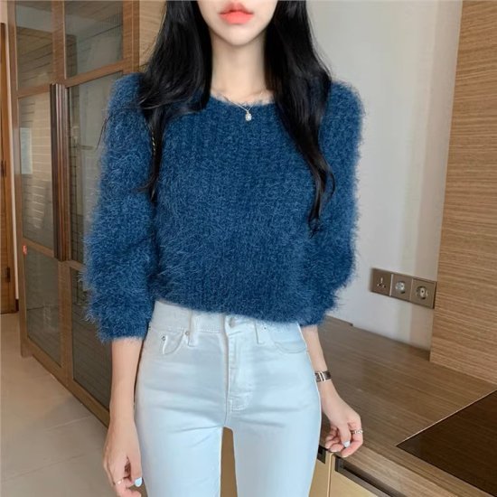 ニットセーター レディース シャギーニット 透け感 長袖 ラウンドネック ボリューム袖 ゆるニット ローゲージ 4color 無地 かわいい リラックス デート おしゃれ