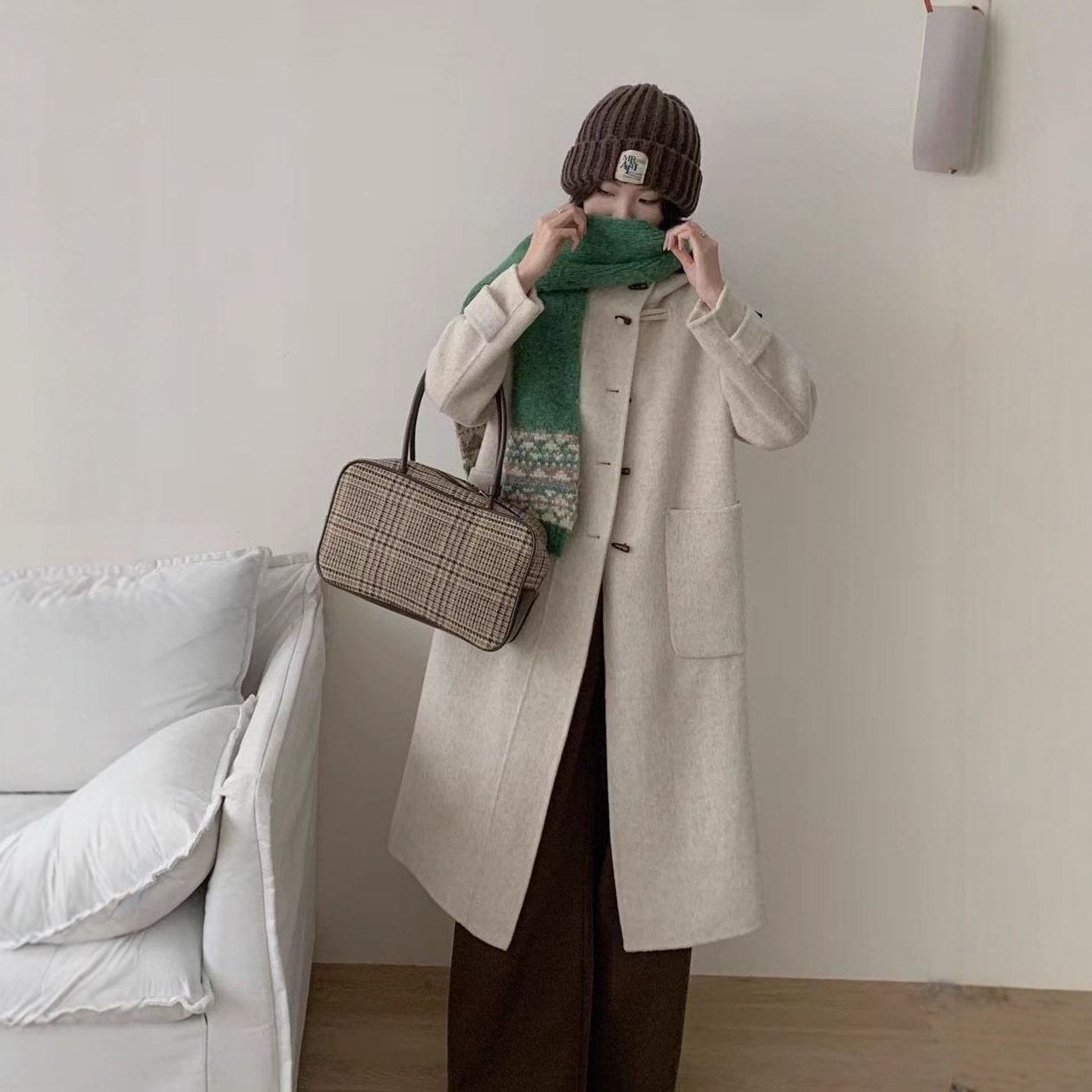 ホーンボタン秋冬厚手両面ウールコートフード付き経年劣化を軽減する厚手暖かいゆったりウールコート