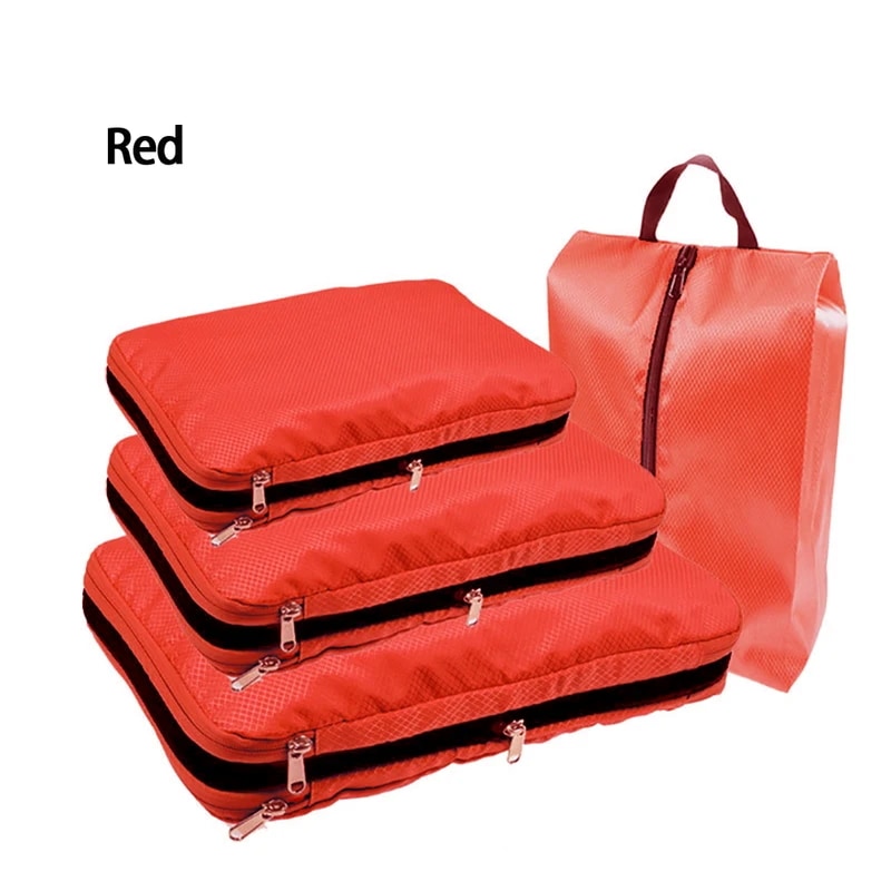 ポータブル二層圧縮バッグ,トラベル収納ポーチ,収納バッグ Total 4PCS Red