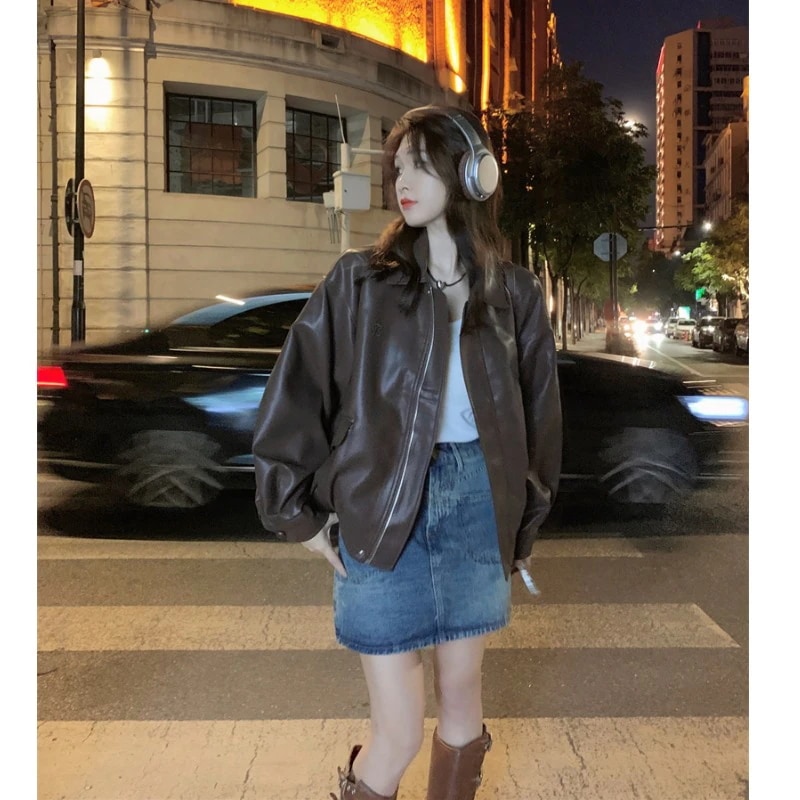 アメリカンスイートでクールなスタイルジャケットレザージャケット女性用2023年秋新作ゆったり万能カジュアルpuレザーバイクトップ 5,299円