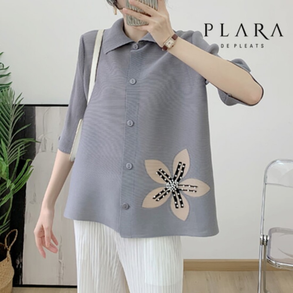 フララ レディース ボタン真珠プリーツフラワー7分ジャケット_PK3SJK019C