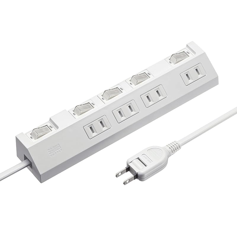 即納：サンワサプライ 電源タップ 4個口・2ピン(2m) 節電 個別・一括集中スイッチ ホコリ防止シャッター 強力ネオジムマグネット 雷ガード搭載 ホワイト TAP-S29-2W