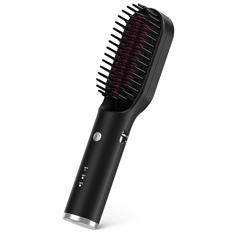 Ryanboo ヒートブラシ コードレス USB充電式 ストレートヘアアイロンブラシ コードレス ミニ ヘアブラシアイロン ストレート 持ち運び 3段階温度調整 MAX200℃ ポーチ付き
