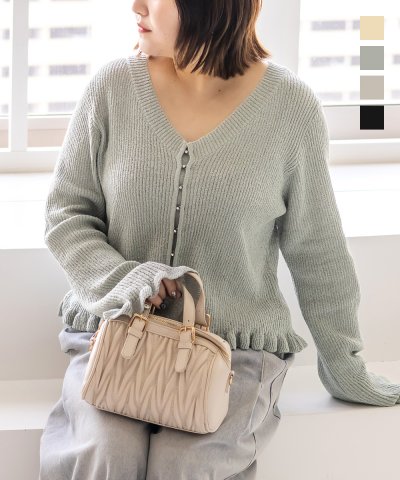 大きいサイズ レディース LL 3L 4L XL XXL XXXL CLETTEオリジナルビジューボタンフリル使いニットカーディガン