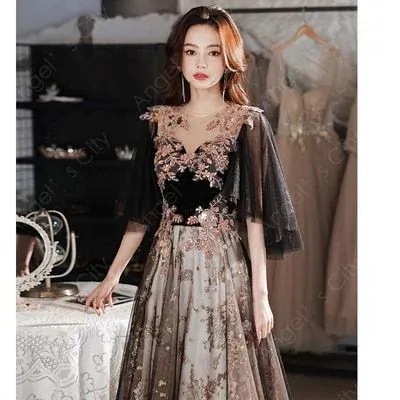 ワンピース ウエストマーク 二次会ドレス ドレス ラウンドネック 演奏会ドレス 衣装 イブニングドレス 新作 高級質感ドレス セミフレア 5分袖 ステージドレス ロング丈 ロングワンピース