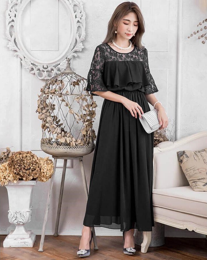 ワンピース パーティードレス 結婚式 ロング 大きいサイズ お呼ばれ レース フリル ドレス マキシ きれいめ 楽チン 女子会 食事会 デート