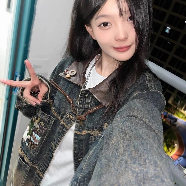 女性用刺繍起毛デニムジャケット新作ヴィンテージデザインルーズトップ