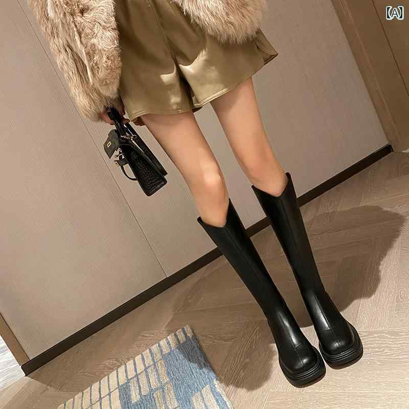 ロングブーツ レディース タイトフィット シンプル おしゃれ スタイルアップ 脚 太い 女性 厚底 ブーツ 脚 太い ブラウン V マウス ハイ ブーツ ストレッチ スリム ブーツ