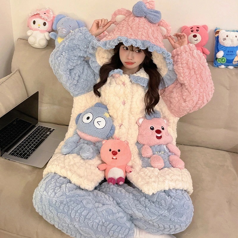 秋冬用 三重構造 綿入りパジャマ 婦人用 コーラルフリース 厚手 裏地付き フード付きパジャマ 婦人用 外着としても着用可 ホームウェアセット