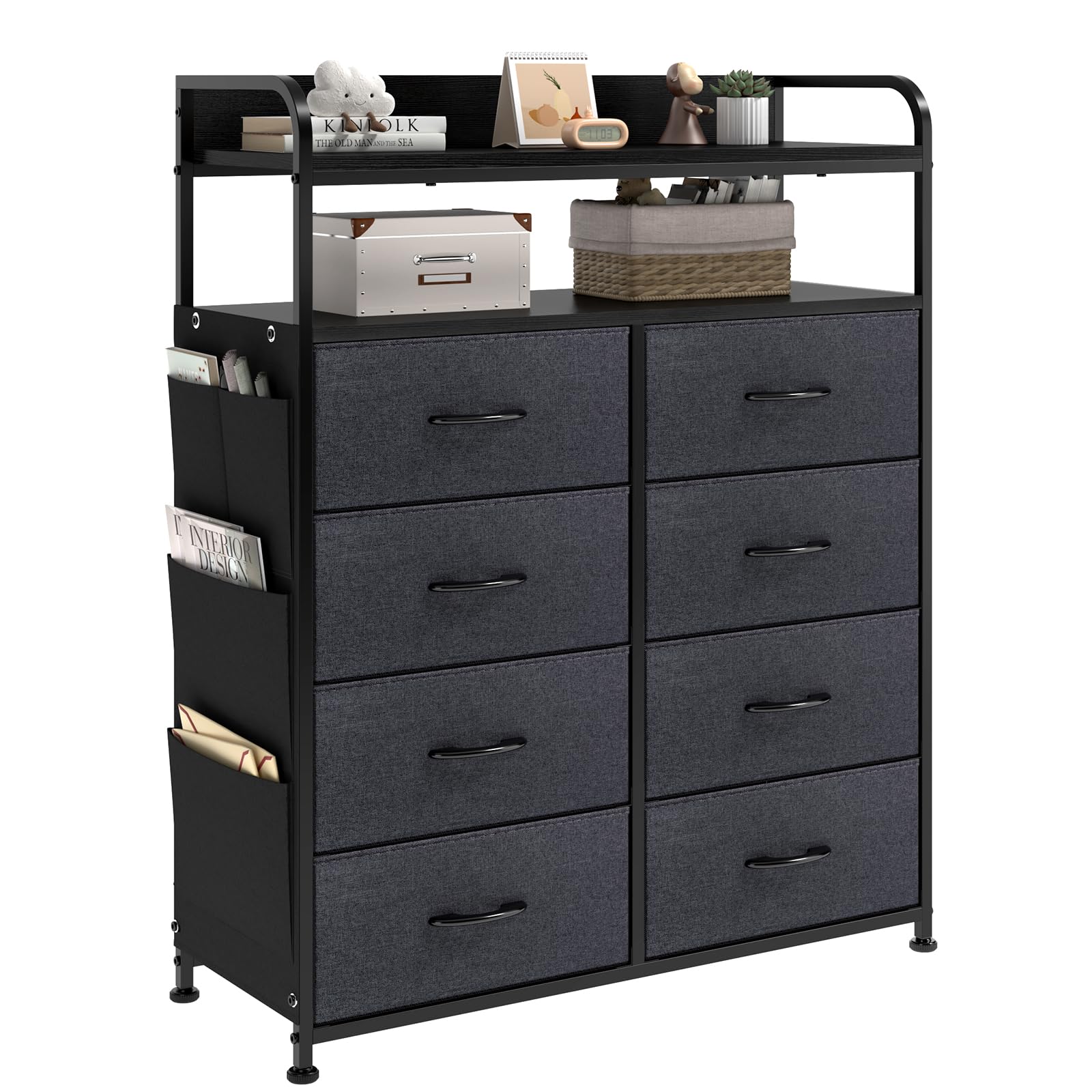 REAHOME 2段棚 タンス 側面収納ポケット チェスト おしゃれ 洋服 衣類 収納 箪笥 収納棚 布製引き出し 整理タンス キャビネット リビング ハイチェスト 脱衣所 洗面所（高通気性カチオン生