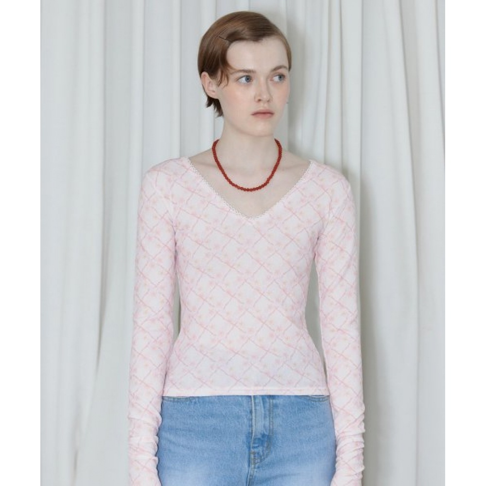 シヌーンプリント Vネックロングスリーブ (ライトピンク)