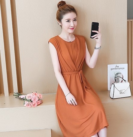 1976.ウエストリボンフレアドレス（ブラウン）2019 春夏 sale 春夏 sale ワンピース フリル 半袖 エレガント お呼ばれ パーティー 結婚式 披露宴 女子会 レストラン デート