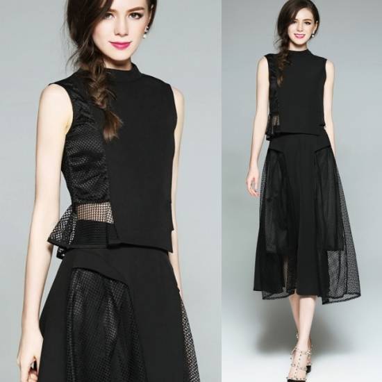 【高級感】パーティードレス 結婚式 二次会 ワンピース 袖なし ミモレ丈 黒 レース ワンピースドレス セットアップ アシンメトリー 個性的 大人 かっこいい 20代 30代 40代 50代 春 夏