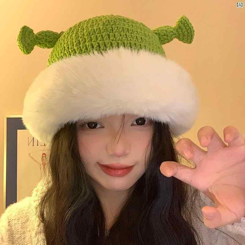 レディースファッション　ファッション小物　オシャレ 秋冬 お しろ シュレック 帽子 幼児用 ニット 帽 厚手 グリーン ウール