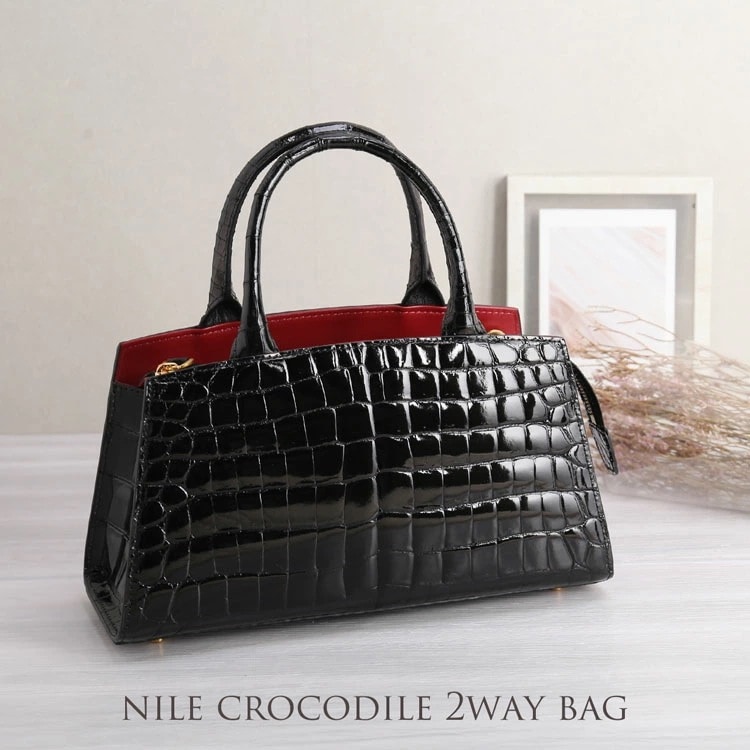 クロコダイル 2WAY ハンドバッグ レディース シャイニング センター取り バイカラー ゴールド金具 フォーマルバッグ あおりポケット 付き ナイルクロコダイル 鰐革 保証書付き プレゼント ギフト