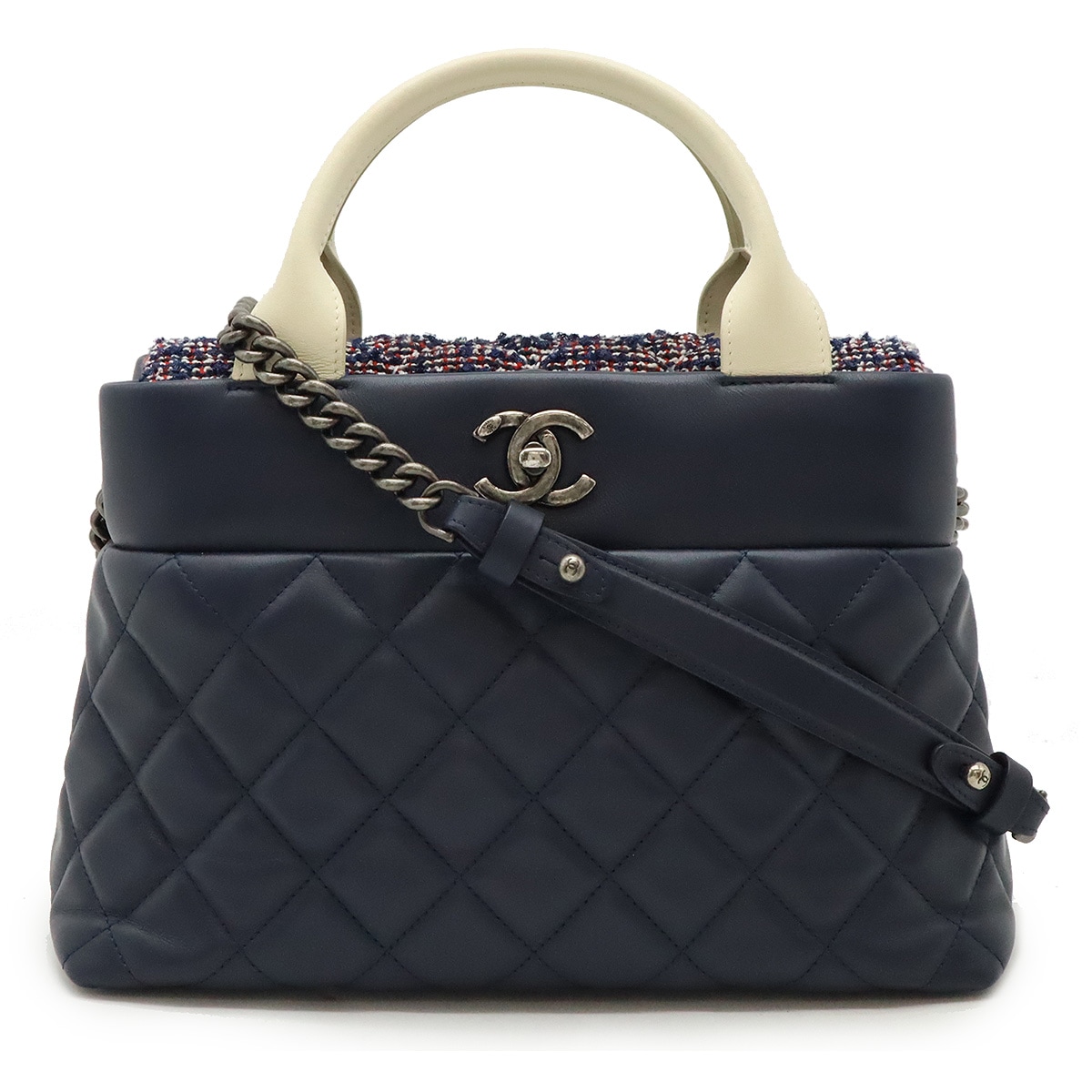 マトラッセ ハンドバッグ 2WAY チェーンバッグ ショルダーバッグ ツイード ネイビー 紺 アイボリー 白 レッド