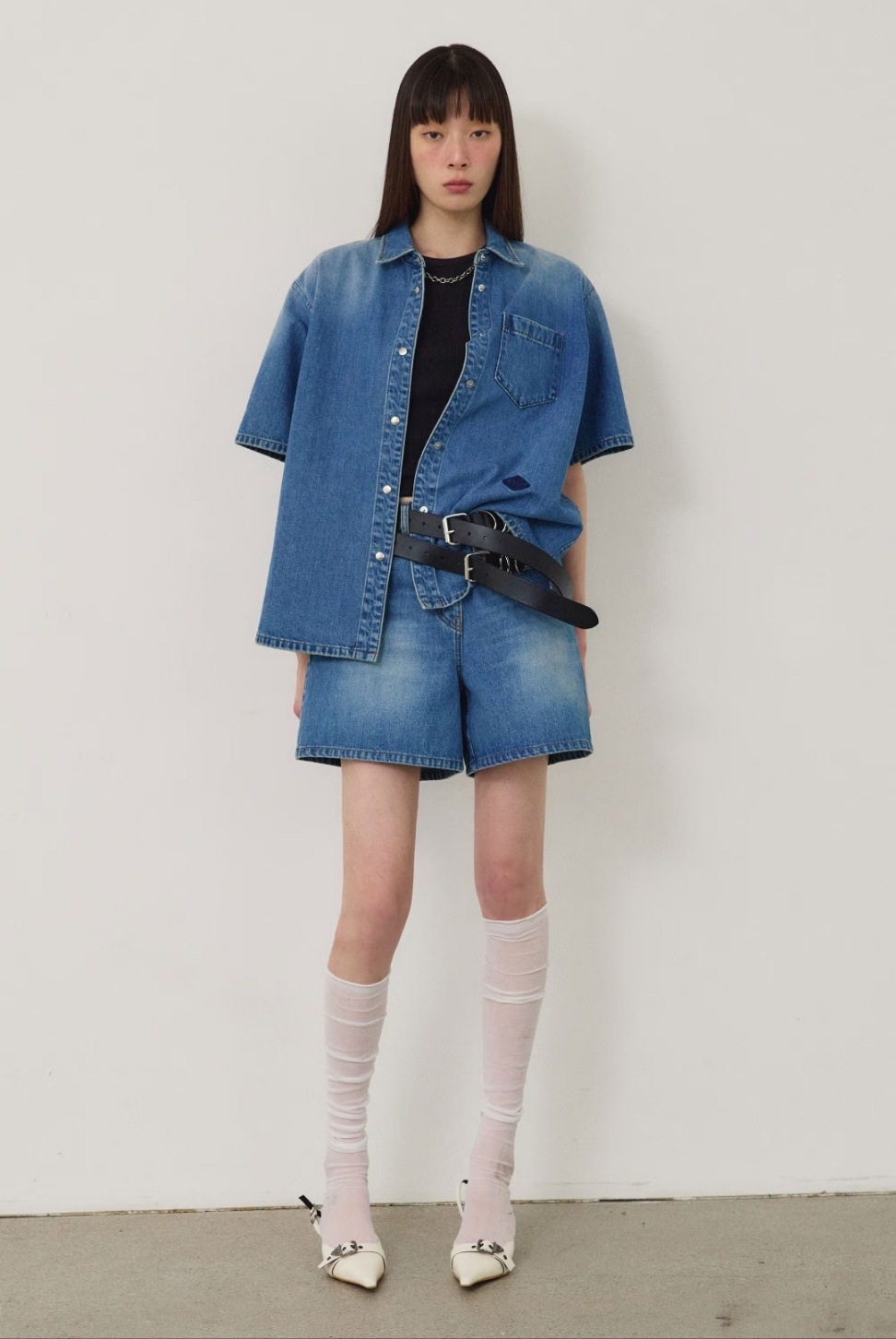 ドロップ ショルダー ハーフ スリーブ デニム シャツ